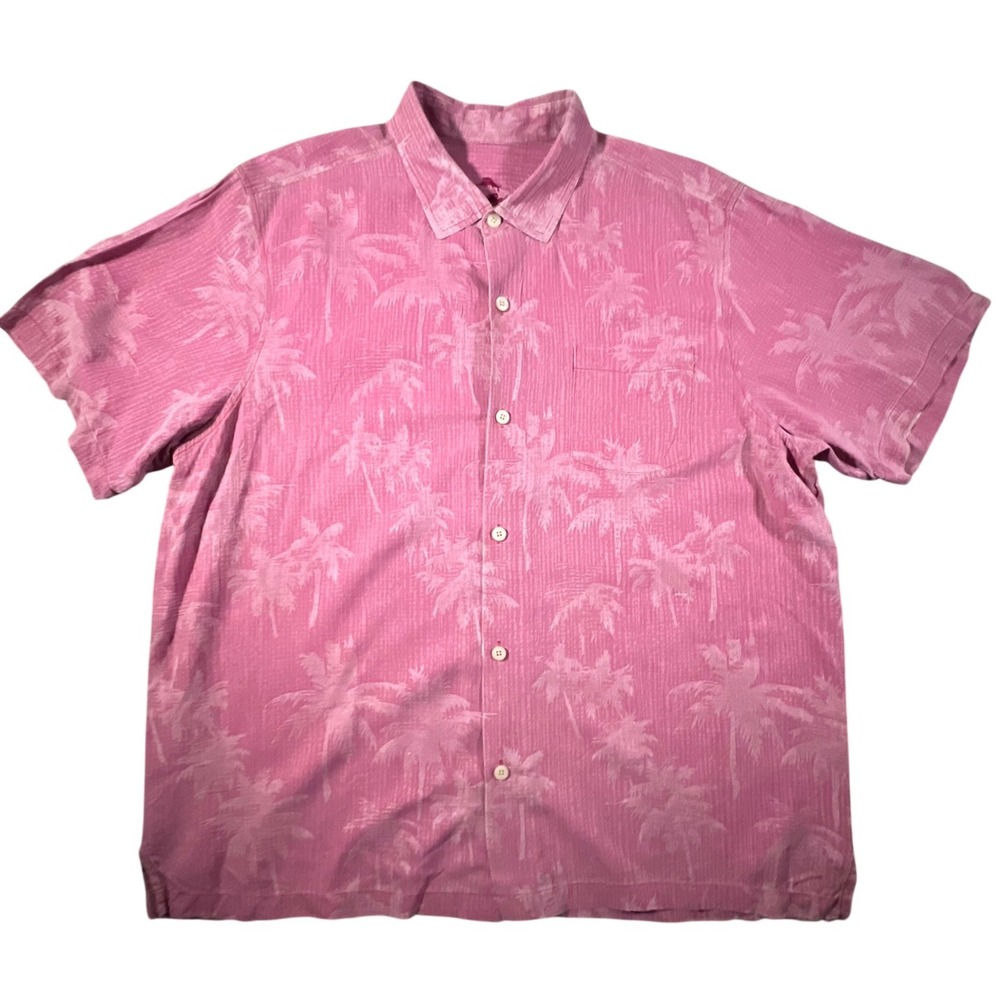 Tommy Bahama Mens XXL Pink Palm Tree Jacquard Button Silk Hawaiian‎ Camp Shirt